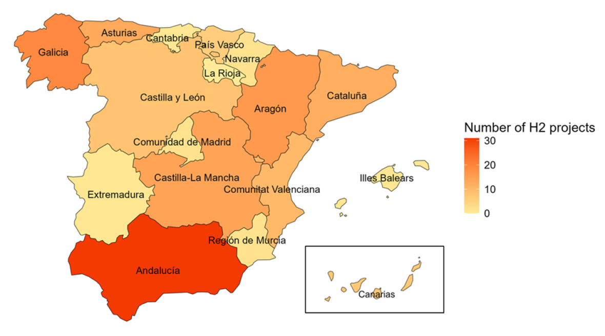 Map of the regional distribution of low-emission hydrogen production projects in Spain.