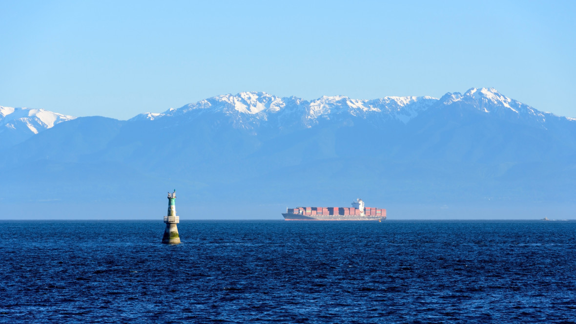 Container ship on the Strait of Juan de Fuca, on the west coast of North America.